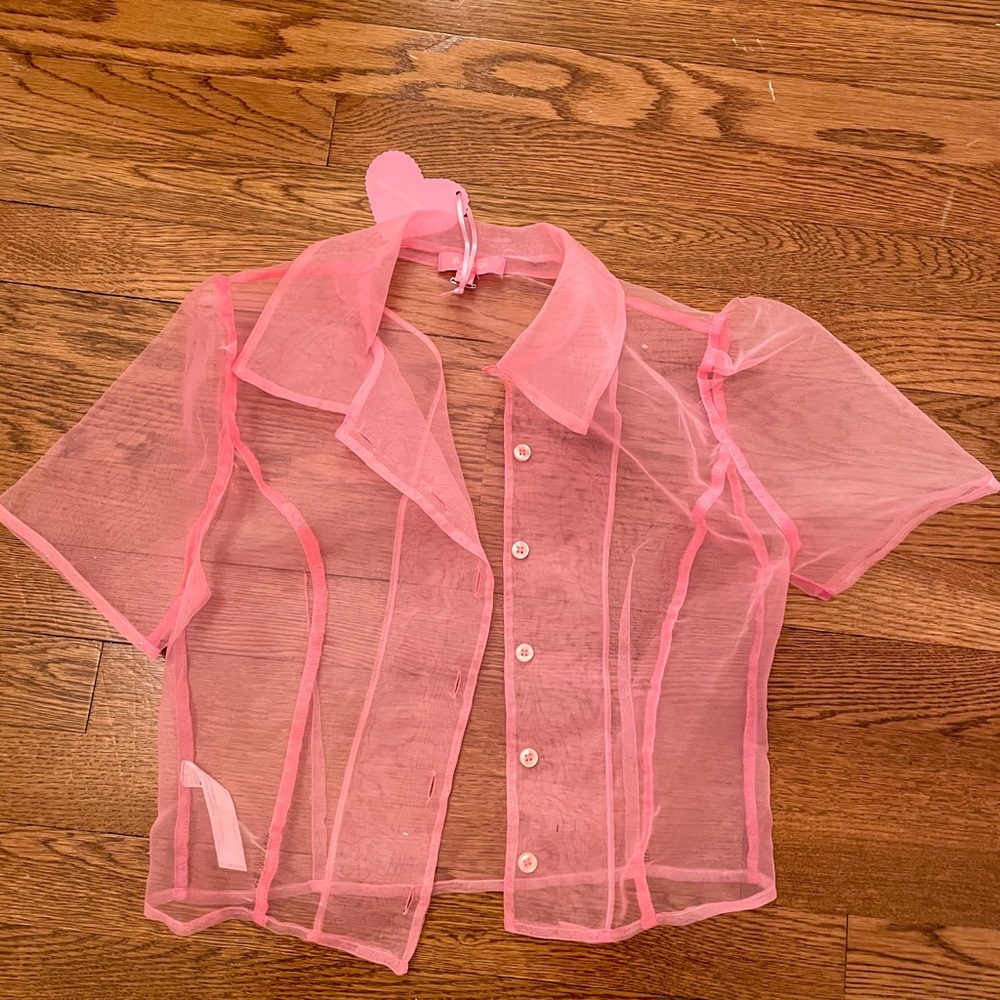 pink mesh button up short sleeve top
